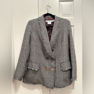 Gretchen Scott Designs Black & White Plaid Frayed-Trim Double-Breasted Blazer
